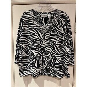 Women's Alfred Dunner Zebra Print Beaded Sequin Neckline Top Size XL Black/Wht